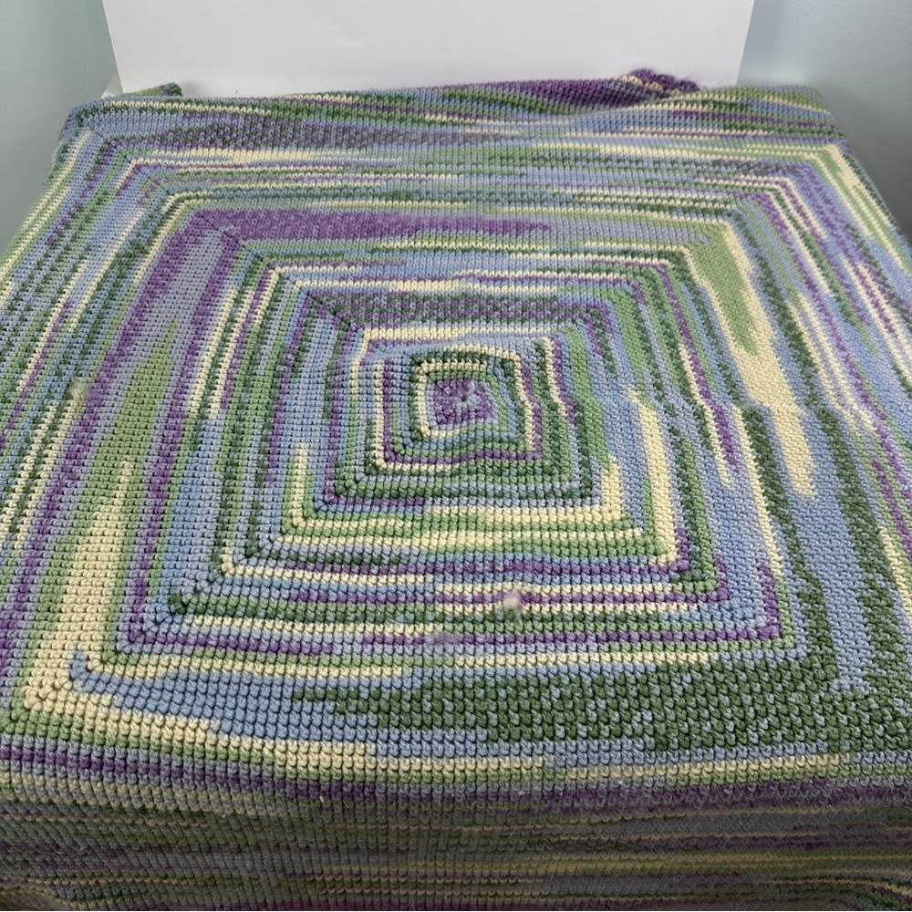 Scalloped Edge Handmade Square Crochet Blanket Blue, Cream, Lavender, Green